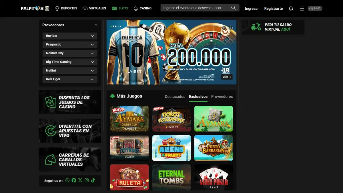 Palpitos interface — Games and slots in the catalogue