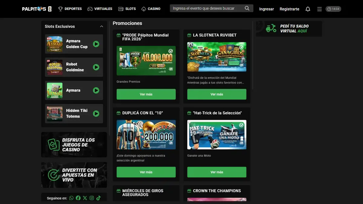 Interfaz de Palpitos — Palpitos bonos: promociones, Freeplay y condiciones
